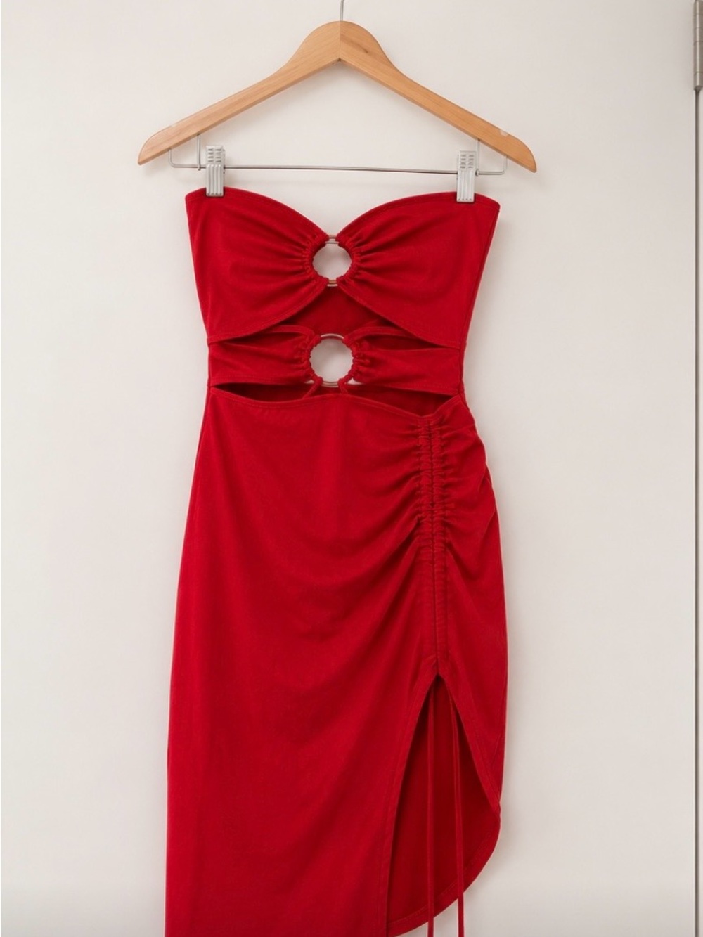 Red Cutout Strapless Midi Dress